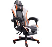 Chaise de gaming au design racing avec accoudoirs rembourrés flexibles, ergonomique, aspect cuir, avec repose-pieds extensible et coussin de soutien supplémentaire, couleur : noir/blanc/orange