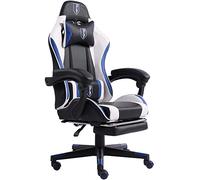 Chaise de gaming ergonomique en cuir avec accoudoirs rembourrés flexibles - Avec repose-pieds extensible et coussin de soutien supplémentaire - Couleur : noir/blanc/bleu
