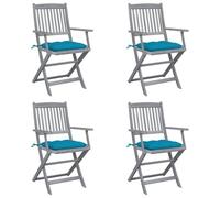 Chaise de Jardin Extérieur, 4 Pièces en Bois d'Acacia Massif, Design Pliable avec Coussin, Confortable et Résistante, Chaise Jardin Exterieur, Couleur Gris et Bleu Clair, Dimensions 54x57x91 cm