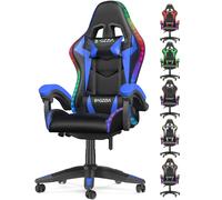Chaise de jeu ergonomique avec effets lumineux LED, dossier réglable en hauteur avec support lombaire et appui-tête-Bleu