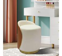 Chaise de maquillage ronde en cuir nappa - Pivotant à 360° - Tabouret de maquillage rembourré avec dossier - Coiffeuse - Multifonctionnel moderne - Détails dorés - Pour salon, chambre à coucher