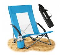 Chaise de Plage Pliable Relaxdays, Sac, Porte-gobelet, 135 kg, en Mesh, légère, Polyester/métal, Bleu