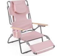 Chaise de plage pliante COSTWAY, chaise de camping avec repose-pieds, dossier réglable, appuie-tête et porte-gobelet, chaise pliante avec fonction couchage rose