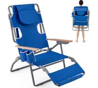Chaise de plage pliante COSTWAY, chaise de camping avec repose-pieds, dossier réglable, appuie-tête et porte-gobelet, chaise pliante avec fonction couchage bleu