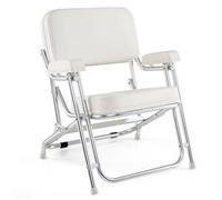 Chaise de Plage Pliante COSTWAY-Siège Rembourré Mousse-Accoudoirs-Dossier Courbé-Patins Antidérapants-en Aluminium-150 KG-Blanc