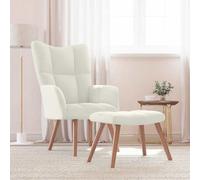 Chaise de relaxation avec repose-pied, Fauteuil Velours Blanc Crème, Siège Accueil Salon Confortable avec Dossier Moelleux, Cadre Acier et Pieds Bois, pour Lecture et Détente, Assemblage Requis
