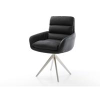 Chaise-de-salle-à-manger Abelia-Flex avec accoudoirs cuir de vache noir pied croisé angulaire acier inoxydable brossé