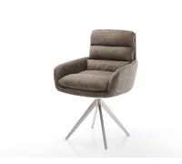 Chaise-de-salle-à-manger Abelia-Flex avec accoudoirs microvelours taupe vintage pied croisé angulaire acier inoxydable brossé