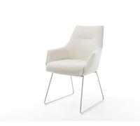 Chaise-de-salle-à-manger Alja-Flex avec accoudoirs bouclé blanc pied trapèze acier inoxydable brossé ressorts ensachés