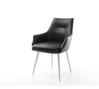 Chaise-de-salle-à-manger Alja-Flex avec accoudoirs cuir de vache noir 4 pieds coniques acier inoxydable brossé ressorts ensachés