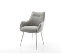 Chaise-de-salle-à-manger Alja-Flex avec accoudoirs tissu structuré doux gris 4 pieds coniques acier inoxydable resorts ensachés