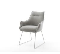 Chaise-de-salle-à-manger Alja-Flex avec accoudoirs tissu structuré doux gris pied trapèze acier inoxydable resorts ensachés
