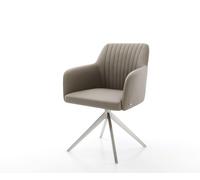 Chaise-de-salle-à-manger Greg-Flex cuir de vache couleur boue pied croisé large acier inoxydable brossé ressorts ensachés