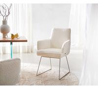 Chaise-de-salle-à-manger Heira-Flex avec accoudoirs bouclé blanc pied trapèze acier inoxydable brossé ressorts ensachés