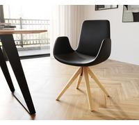 Chaise-de-salle-à-manger Ilia-Flex avec accoudoirs cuir de vache noir pied en bois anguleux naturel