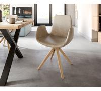Chaise-de-salle-à-manger Ilia-Flex avec accoudoirs microvelours beige vintage pied en bois conique naturel