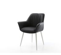 Chaise-de-salle-à-manger Keila-Flex avec accoudoirs cuir de vache noir 4 pieds coniques acier inoxydable brossé