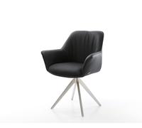 Chaise-de-salle-à-manger Keila-Flex avec accoudoirs cuir de vache noir pied croisé angulaire acier inoxydable brossé