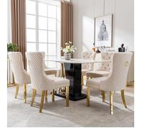 Chaise de salle à manger - KOMHTOM - Modèle luxe capitonné - Velours beige - Pieds acier inox doré - Dossier avec heurtoir