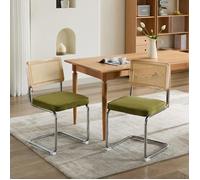Chaise de salle à manger (lot de 2) - KOMHTOM - Mid century - Velours & cannage rotin - Base chrome cantilever - Vert olive