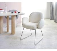 Chaise-de-salle-à-manger Nube-Flex avec accoudoirs bouclé blanc pied trapèze acier inoxydable brossé ressorts ensachés