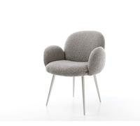 Chaise-de-salle-à-manger Nube-Flex avec accoudoirs bouclé gris argenté 4 pieds coniques acier inoxydable brossé ressorts ensachés