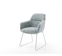 Chaise-de-salle-à-manger Pejo-Flex chenille bleu pastel pied trapèze acier inoxydable brossé ressorts ensachés