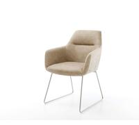 Chaise-de-salle-à-manger Pejo-Flex microvelours beige vintage pied trapèze acier inoxydable brossé ressorts ensachés