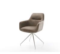 Chaise-de-salle-à-manger Pejo-Flex microvelours taupe vintage pied croisé conique acier inoxydable brossé ressorts ensachés