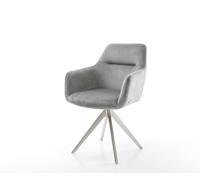 Chaise-de-salle-à-manger Pejo-Flex velours gris pied croisé angulaire acier inoxydable brossé ressorts ensachés