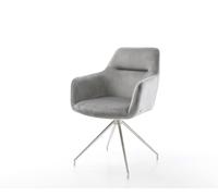 Chaise-de-salle-à-manger Pejo-Flex velours gris pied croisé conique acier inoxydable brossé ressorts ensachés