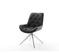 Chaise-de-salle-à-manger Taimi-Flex cuir de vache noir pied croisé large acier inoxydable brossé