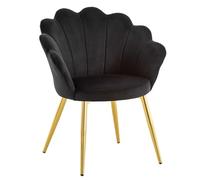 Chaise de salle à manger tulipe rembourrée en velours noir - Avec pieds dorés - Chaise coque design scandinave - Chaise rembourrée avec revêtement en tissu