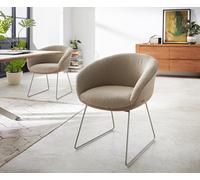 Chaise-de-salle-à-manger Vinka-Flex avec accoudoirs tissu mixte couleur boue pied trapèze acier inoxydable brossé ressorts ensachés