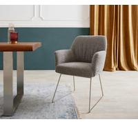 Chaise-de-salle-à-manger Xana-Flex avec accoudoirs bouclé gris argenté pied trapèze acier inoxydable brossé ressorts ensachés