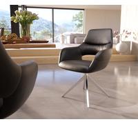 Chaise-de-salle-à-manger Yago-Flex avec accoudoirs cuir de vache noir pied croisé large acier inoxydable brossé ressorts ensachés