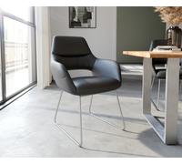 Chaise-de-salle-à-manger Yago-Flex avec accoudoirs cuir de vache noir pied trapèze acier inoxydable brossé ressorts ensachés