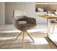 Chaise-de-salle-à-manger Yago-Flex avec accoudoirs microvelours taupe vintage pied en bois angulaire naturel ressorts ensachés