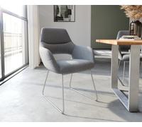 Chaise-de-salle-à-manger Yago-Flex avec accoudoirs tissu texturé gris clair pied trapèze acier inoxydable brossé ressorts ensachés