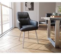 Chaise-de-salle-à-manger Zelia-Flex avec accoudoirs cuir de vache noir 4 pieds coniques acier inoxydable brossé ressorts ensachés