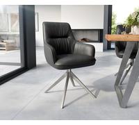 Chaise-de-salle-à-manger Zelia-Flex avec accoudoirs cuir de vache noir pied croisé large acier inoxydable brossé ressorts ensachés