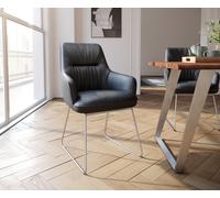 Chaise-de-salle-à-manger Zelia-Flex avec accoudoirs cuir de vache noir pied trapèze acier inoxydable brossé ressorts ensachés