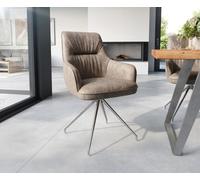 Chaise-de-salle-à-manger Zelia-Flex avec accoudoirs microvelours taupe vintage pied croisé conique acier inoxydable brossé ressorts ensachés