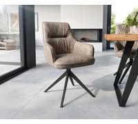 Chaise-de-salle-à-manger Zelia-Flex avec accoudoirs microvelours taupe vintage pied croisé large noir ressorts ensachés