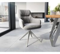 Chaise-de-salle-à-manger Zelia-Flex avec accoudoirs velours gris pied croisé large acier inoxydable brossé ressorts ensachés