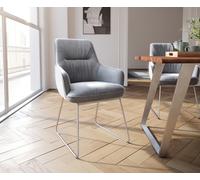Chaise-de-salle-à-manger Zelia-Flex avec accoudoirs velours gris pied trapèze acier inoxydable brossé ressorts ensachés