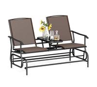 Chaise de terrasse à bascule avec table en verre trempé, banc balançoire d'extérieur avec cadre en acier et tissu en maille