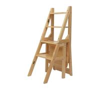 Chaise d'échelle pliable à 4 marches - En bois de pin - Échelle de bibliothèque double usage - Tabouret à 4 marches - Support d'exposition pour l'intérieur et l'extérieur (E)