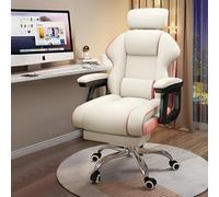 Chaise d'ordinateur de bureau à angle réglable, ergonomique, réglable en hauteur, en cuir PU, avec accoudoirs rembourrés, pour une assise longue durée, blanc et rose