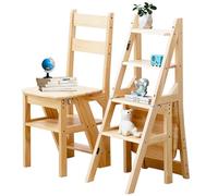 Chaise échelle Pliante 3 en 1 en Bois Massif, escabeau Convertible et présentoir, échelle multifonctionnelle à 4 Niveaux, pour la Maison, la Cuisine, la bibliothèque, capacité de 150kg (Bois)